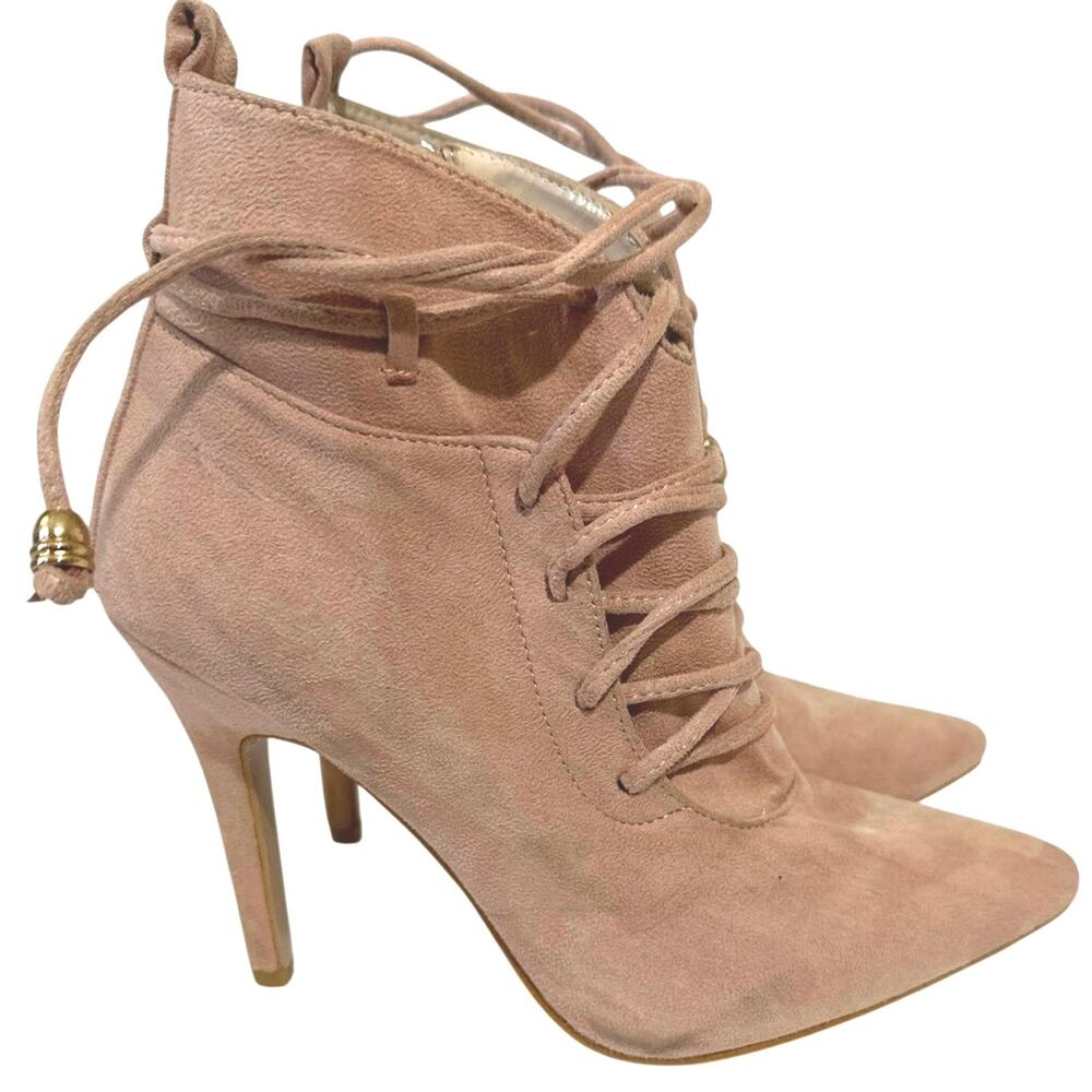 Lala Ikai Light pink suede ankle boots with pointed toe, ties up w/zip Brand new